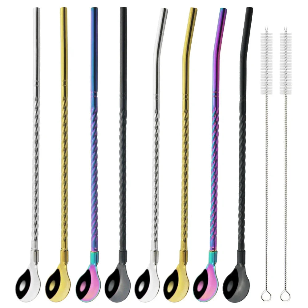 10 piezas de pajitas de metal coloridas y reutilizables para cócteles, bebidas, leche, café y otros usos. Incluye cuchara de acero inoxidable.