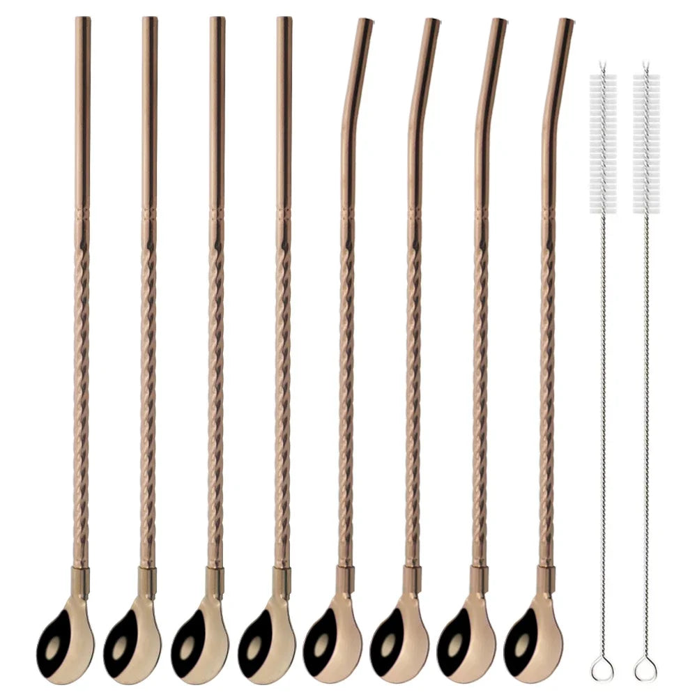 10 piezas de pajitas de metal coloridas y reutilizables para cócteles, bebidas, leche, café y otros usos. Incluye cuchara de acero inoxidable.