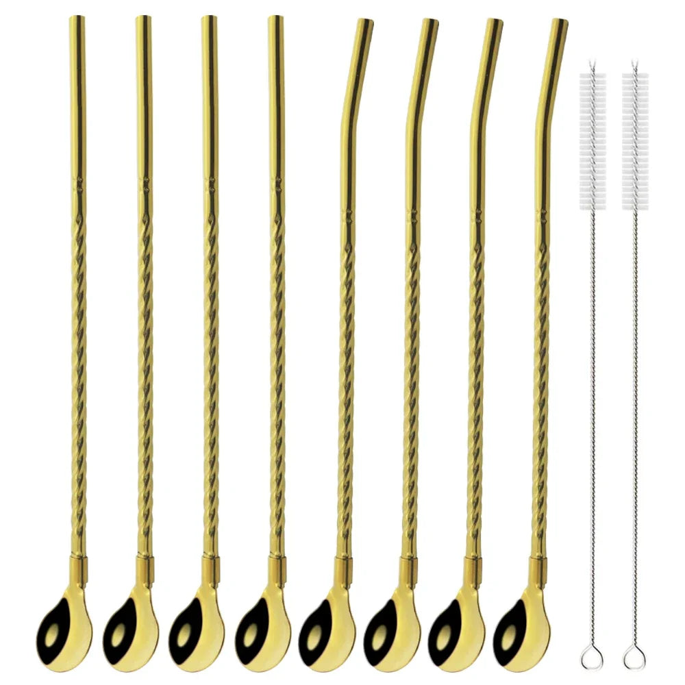 10 piezas de pajitas de metal coloridas y reutilizables para cócteles, bebidas, leche, café y otros usos. Incluye cuchara de acero inoxidable.