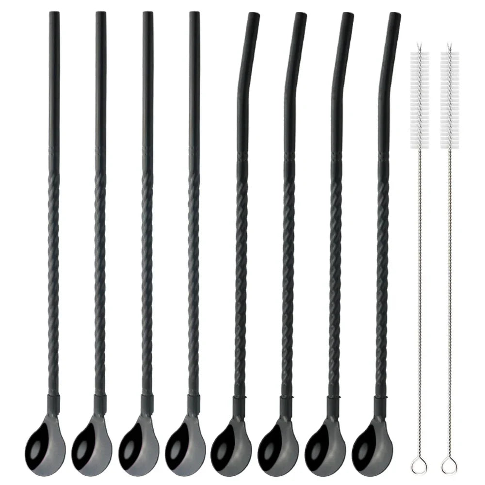 10 piezas de pajitas de metal coloridas y reutilizables para cócteles, bebidas, leche, café y otros usos. Incluye cuchara de acero inoxidable.